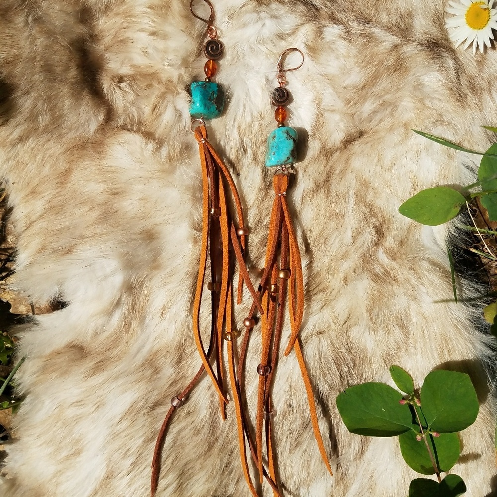 Handmade real turquoise and faux leather earrings